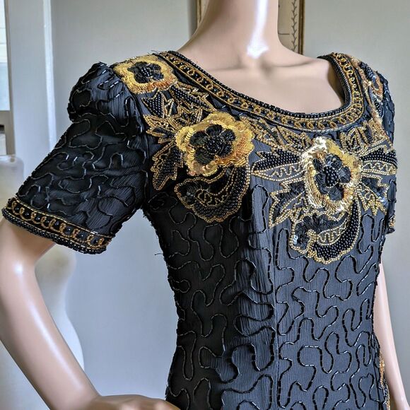 Vintage 90s Stenay Silk Cocktail Dress Mini Beaded Whimsigoth Evening Size 6 - Picture 2 of 13